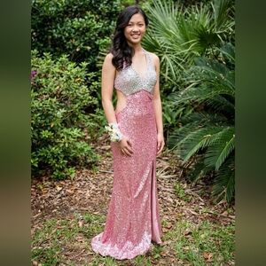 (6) Royal Queen Collection Pink Sequin Cutout Gown w Silver Beaded Bodice